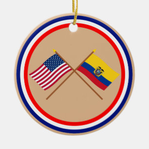 US and Ecuador Crossed Flags Ceramic Tree Decoration