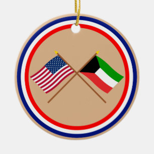 US and Kuwait Crossed Flags Ceramic Tree Decoration