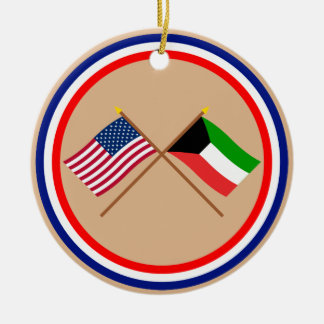 US and Kuwait Crossed Flags Ceramic Tree Decoration