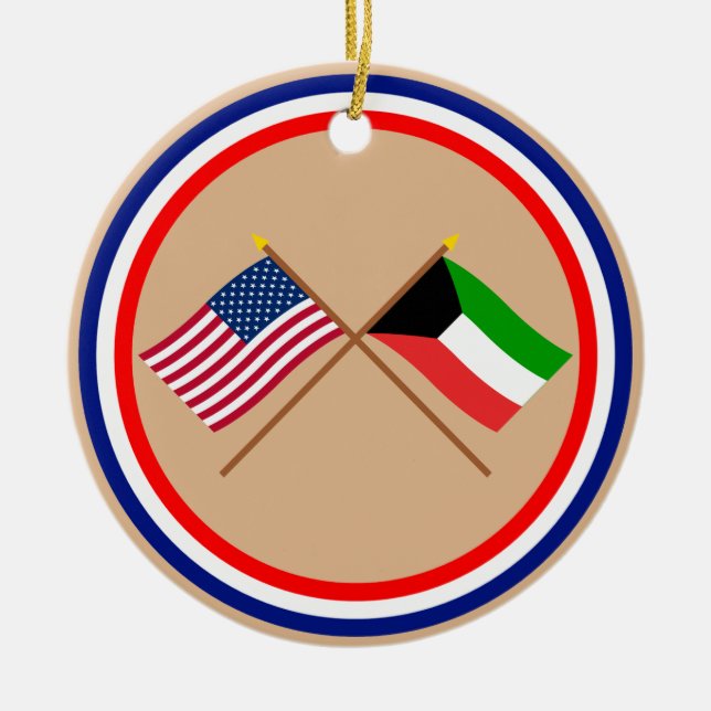 US and Kuwait Crossed Flags Ceramic Tree Decoration (Front)