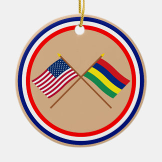 US and Mauritius Crossed Flags Ceramic Tree Decoration
