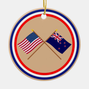 US and New Zealand Crossed Flags Ceramic Tree Decoration