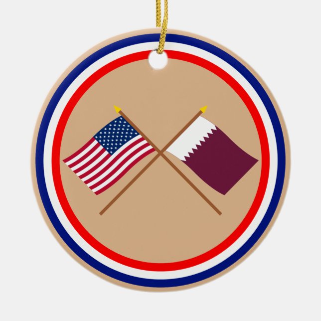 US and Qatar Crossed Flags Ceramic Tree Decoration (Front)