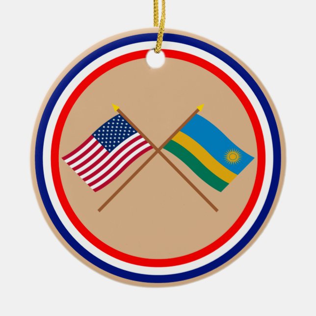 US and Rwanda Crossed Flags Ceramic Tree Decoration (Front)