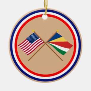 US and Seychelles Crossed Flags Ceramic Tree Decoration