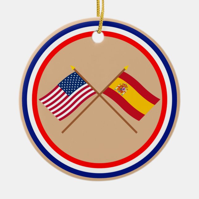 US and Spain Crossed Flags Ceramic Tree Decoration (Front)