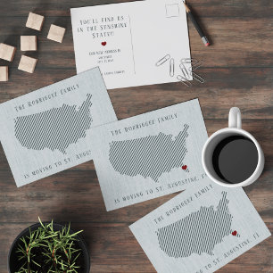 US Blue Linen and Heart Moving Announcement Postcard