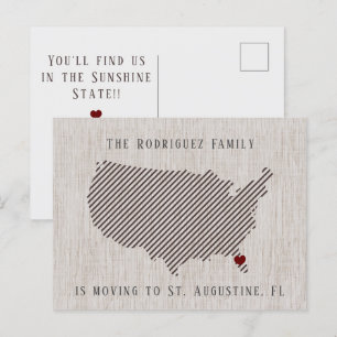US Brown Linen and Heart Moving Announcement Postcard