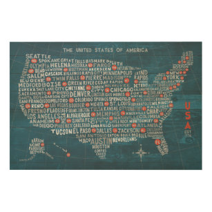 US City Map on Wood Blue Wood Wall Art