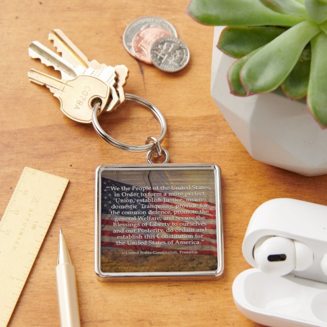 US Constitution Preamble Over Rustic Background Key Ring (Desk)