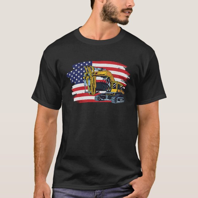 US Flag and Excavator Heavy Equipment Operator T-Shirt (Front)