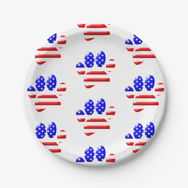 US Flag Dog Paw Print Pattern Paper Plates (Front)