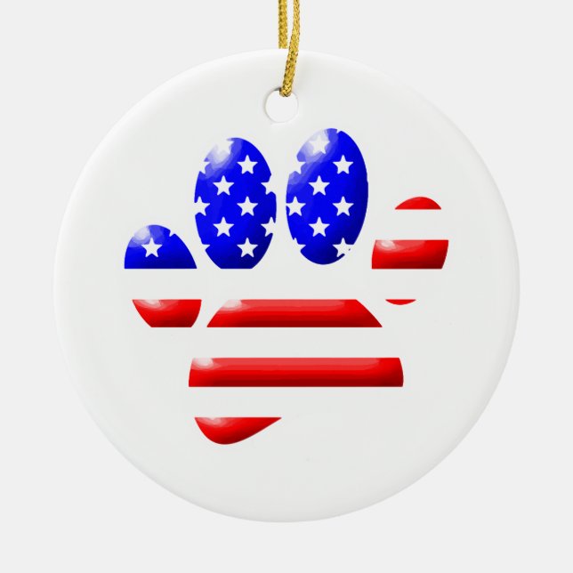 US Flag Dog Paw Print Red And White Ceramic Tree Decoration (Front)