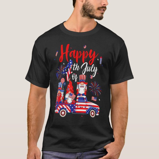 Us Flag Firework Three Gnomes 4th Of July Independ T-Shirt (Front)