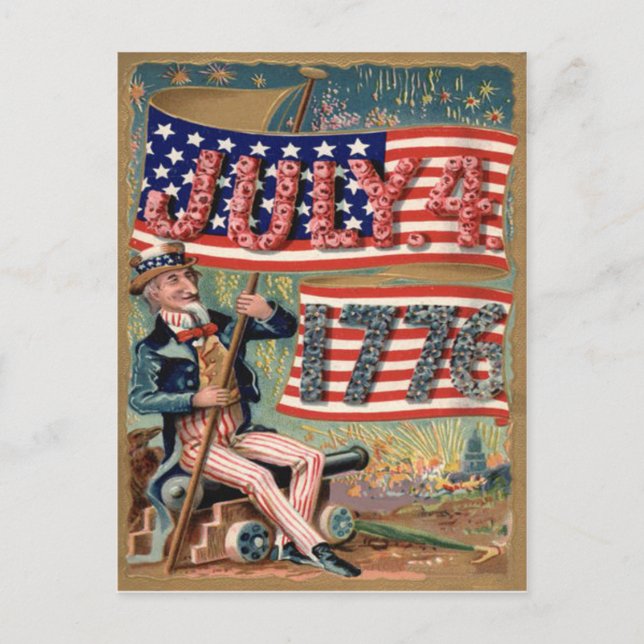 US Flag Fireworks Firecracker Uncle Sam Postcard (Front)
