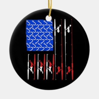 US Flag Fishing Hook Rod Fish Fisher Fisherman  Ceramic Tree Decoration