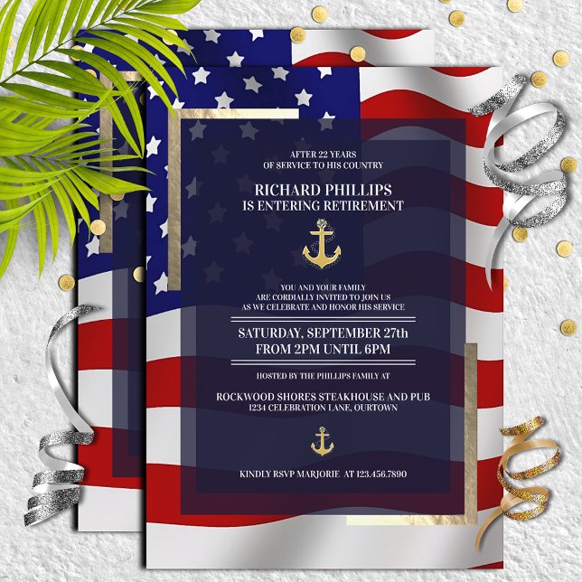 US Flag/Gold Anchor Military Retirement Party Invitation (Creator Uploaded)
