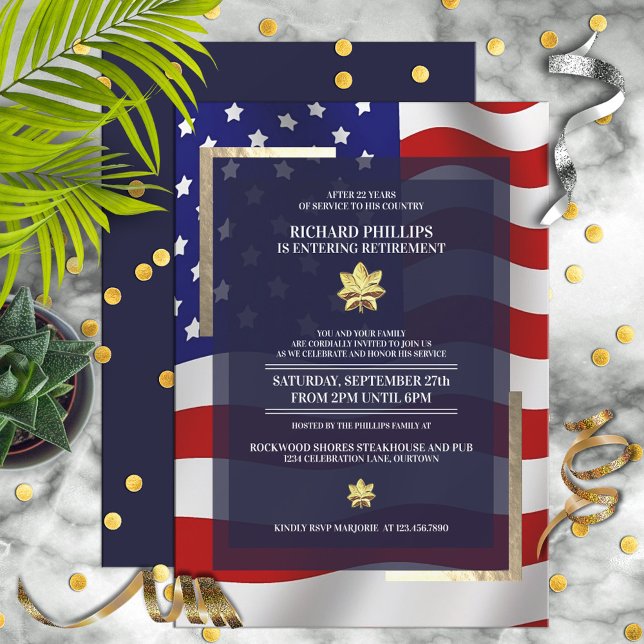 US Flag/Gold Oak Leaf Military Retirement Party Invitation (Creator Uploaded)