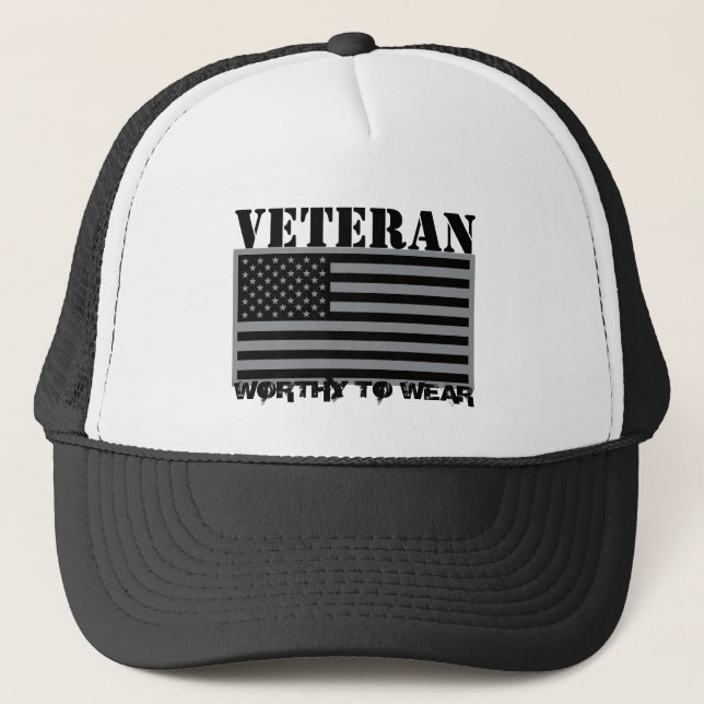 US Flag Grey - Veteran - Worthy To Wear Trucker Hat (Front)