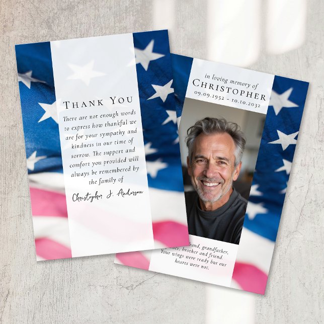 US Flag Military Patriotic Sympathy Photo Funeral Thank You Card (Creator Uploaded)