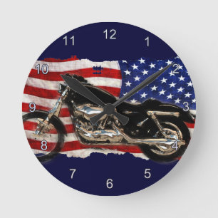 US Flag, Motorcycle, Motorbike, Hog Round Clock