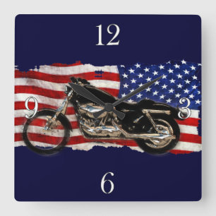 US Flag & Motorcycle, Motorbike, Patriotic Art Square Wall Clock