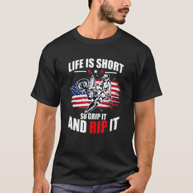 US Flag MX Motocross Live is short so grip it and  T-Shirt (Front)