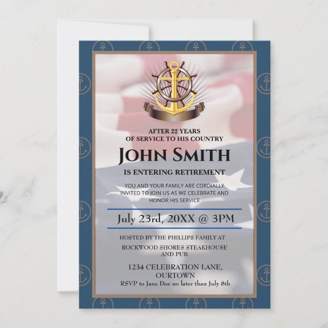 US Flag | Nautical Gold Anchor Military Retirement Invitation (Front)