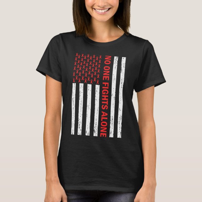 US Flag No Body Fights Alone Red Ribbon Awareness  T-Shirt (Front)