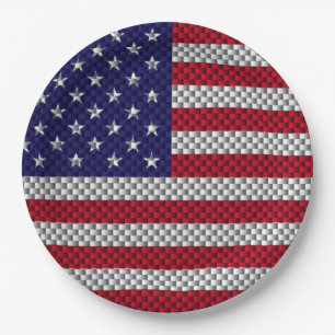 US Flag on Carbon Fibre Style Decor Print Paper Plate