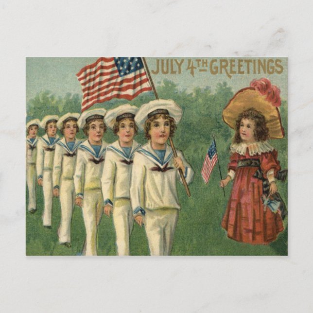 US Flag Parade Navy Uniform 4th of July Postcard (Front)