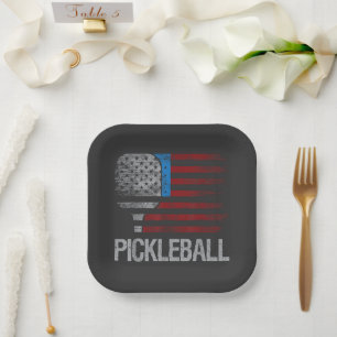 US Flag Pickleball Player Paddleball Lover Paper Plate