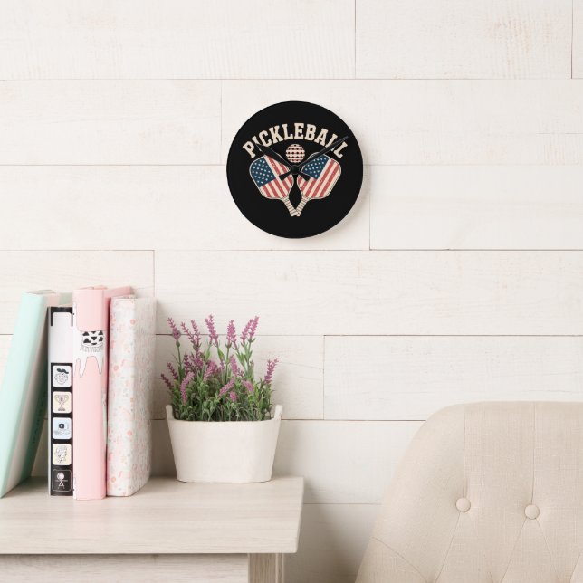 US Flag Pickleball Player Round Clock (Reading Room)