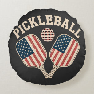 US Flag Pickleball Player Round Cushion