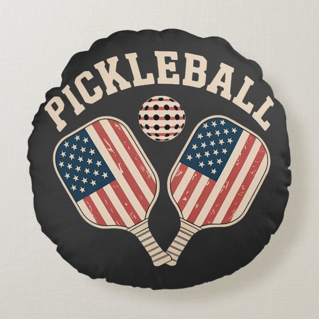 US Flag Pickleball Player Round Cushion (Front)