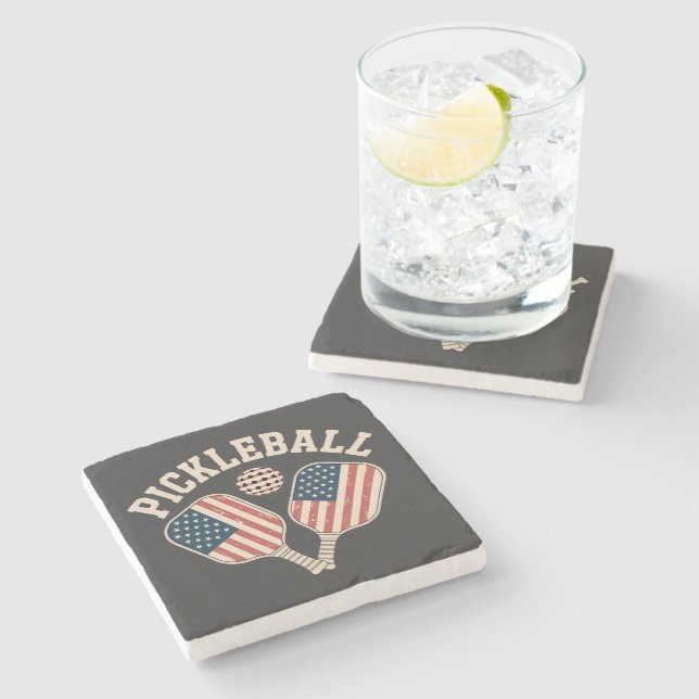 US Flag Pickleball Player Stone Coaster (Side)