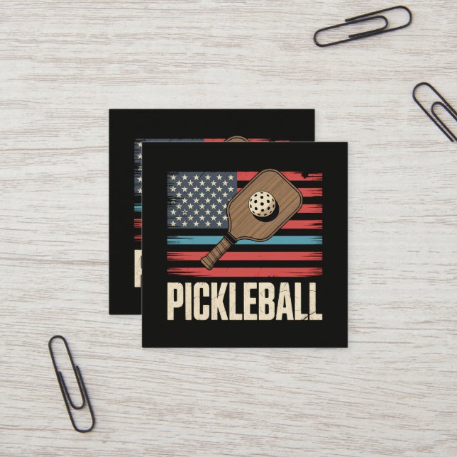 US Flag Pickleball Square Business Card (Front/Back In Situ)
