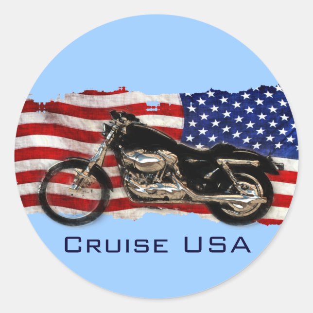 US Flag, Stars and Stripes, Motorcycle, Motorbike Classic Round Sticker (Front)