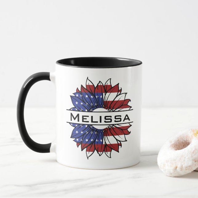 US Flag Sunflower With Name Mug (With Donut)