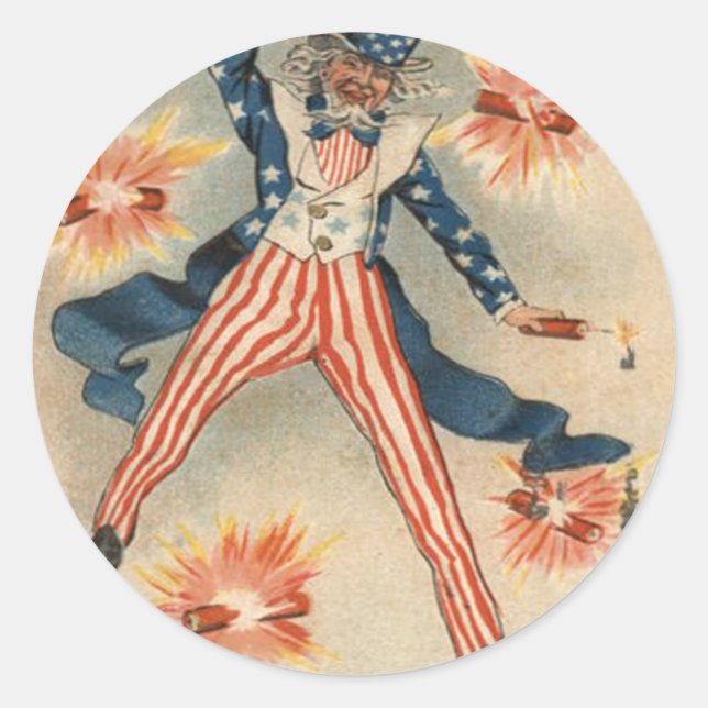 US Flag Uncle Sam Fireworks Firecracker Classic Round Sticker (Front)