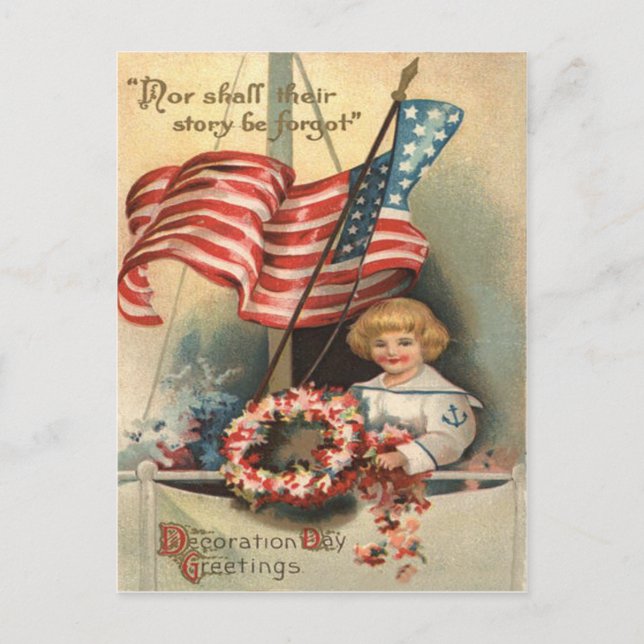 US Flag Wreath Ship Boy Uniform Memorial Day Postcard (Front)