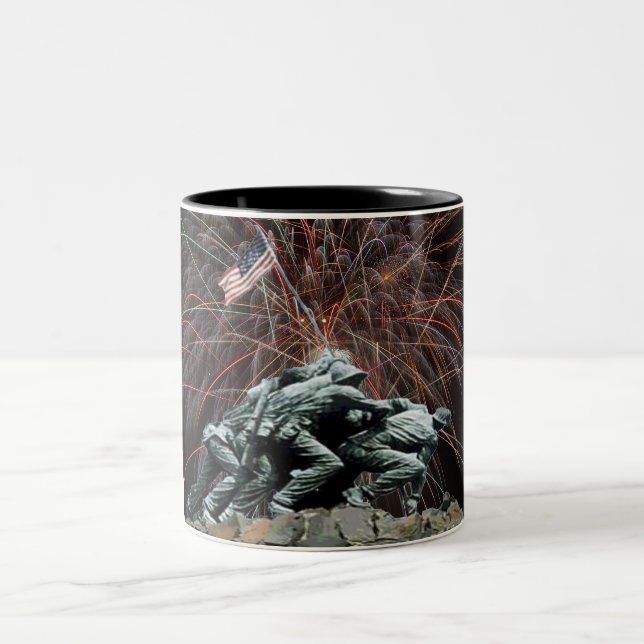 US Marines War Memorial Iwo Jima Fireworks Two-Tone Coffee Mug (Center)