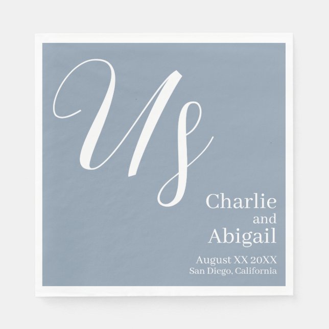 US Modern Romantic Wedding on Dusty Blue Napkin (Front)