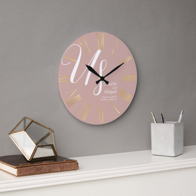 US Modern Romantic Wedding on Dusty Pink Large Clock (Office)