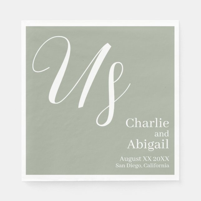 US Modern Romantic Wedding on Sage Green Napkin (Front)