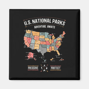 Us National Parks Map Preserve Protect Hiking Camp Magnet