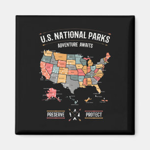 Us National Parks Map Preserve Protect Hiking Camp Magnet