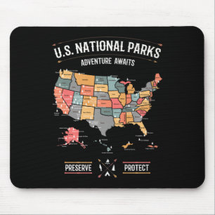 Us National Parks Map Preserve Protect Hiking Camp Mouse Pad