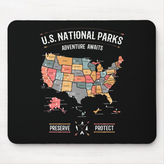 Us National Parks Map Preserve Protect Hiking Camp Mouse Pad (Front)