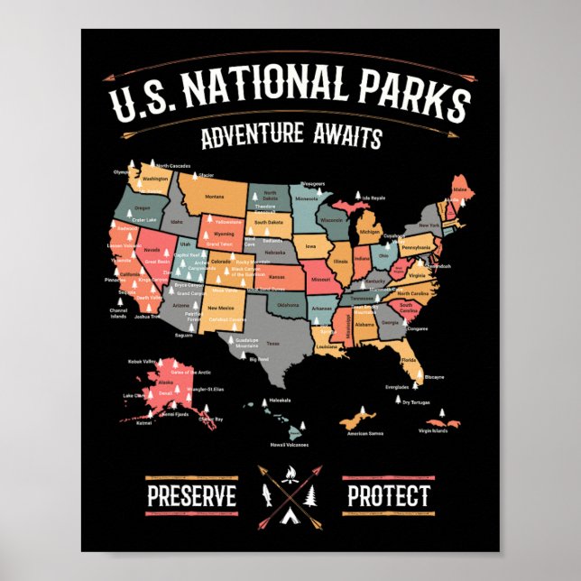 Us National Parks Map Preserve Protect Hiking Camp Poster (Front)